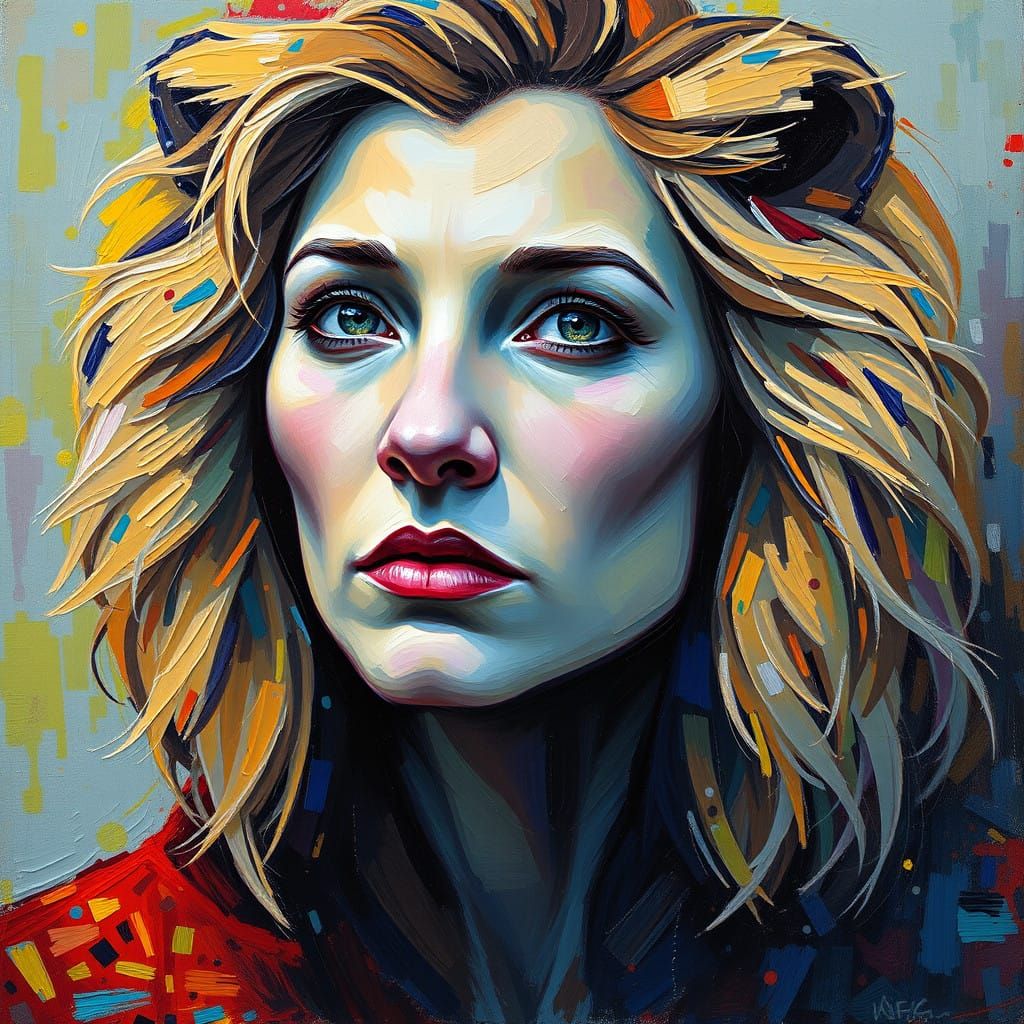 Neo-Impressionist Portrait of a Leonin Woman, Thick Textured...