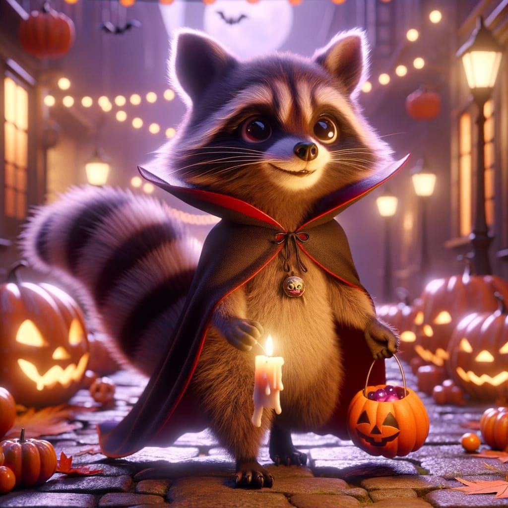 Vampire Raccoon Trick-or-Treating on Enchanted Street