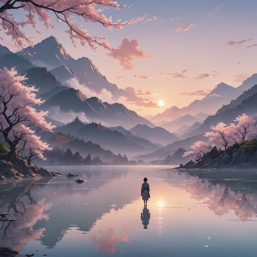 Anime Lake at Dawn with Cherry Blossoms