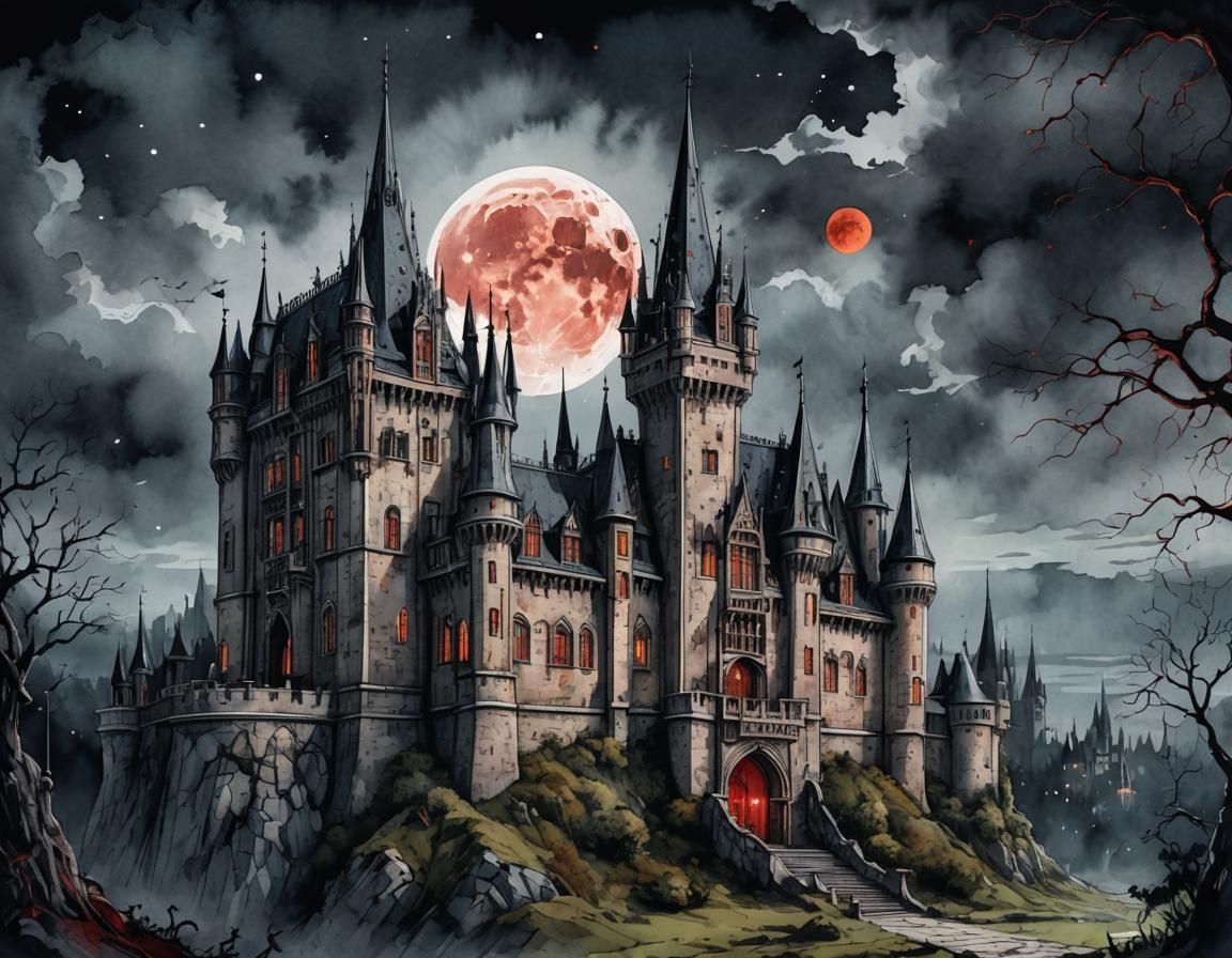 Gothic Castle Bloodmoon in Digital Watercolor Style