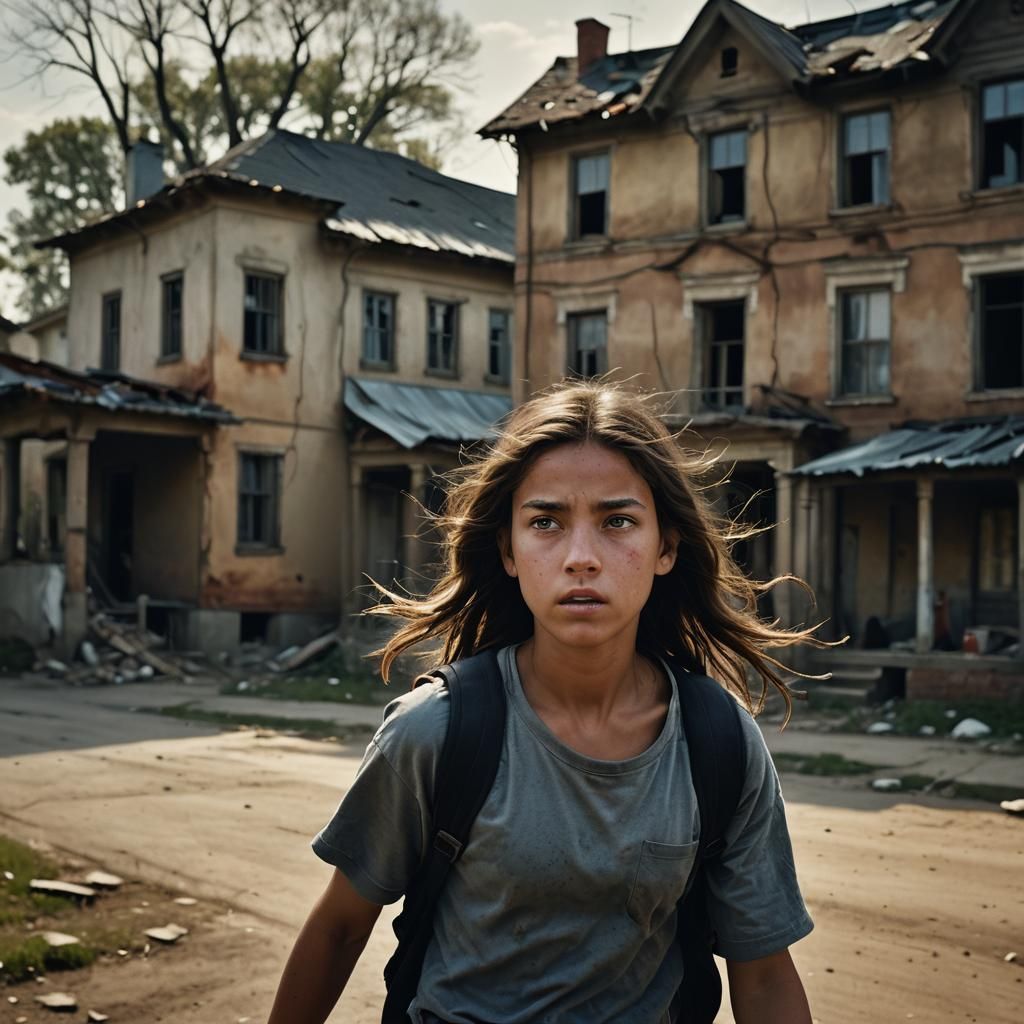 Mysterious Portrait of Girl Running on Dark Street