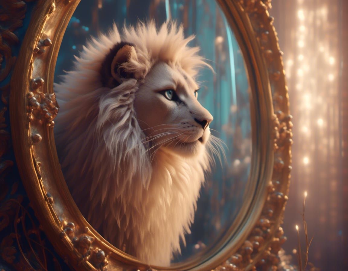 Kitten's Mighty Reflection: A Fantasy Art Image