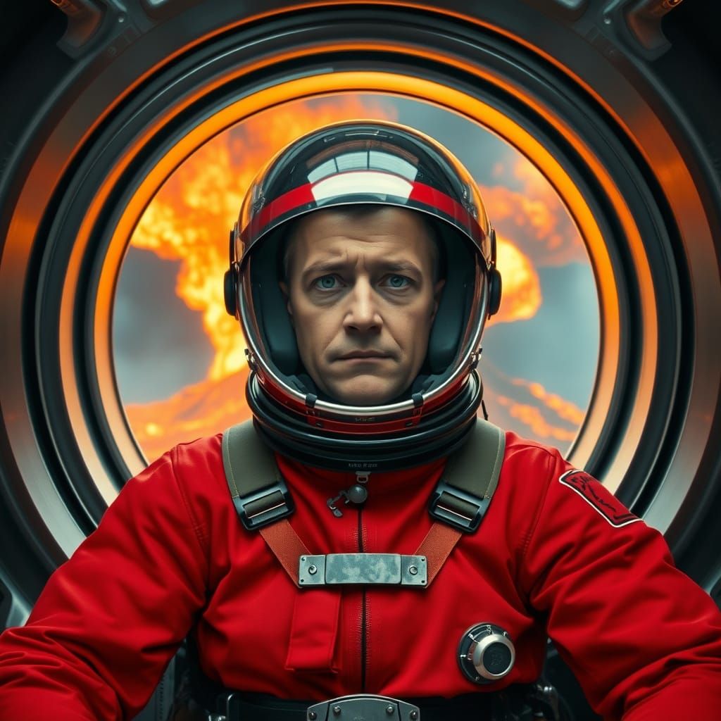 Astronaut Observes Catastrophic Space Event in Red Spacesuit