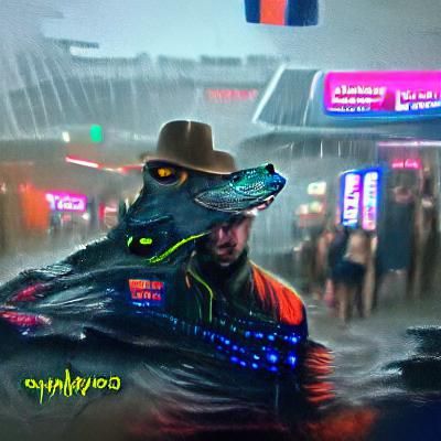 Cyberpunk Cowboy on Gator in Neon Cityscape
