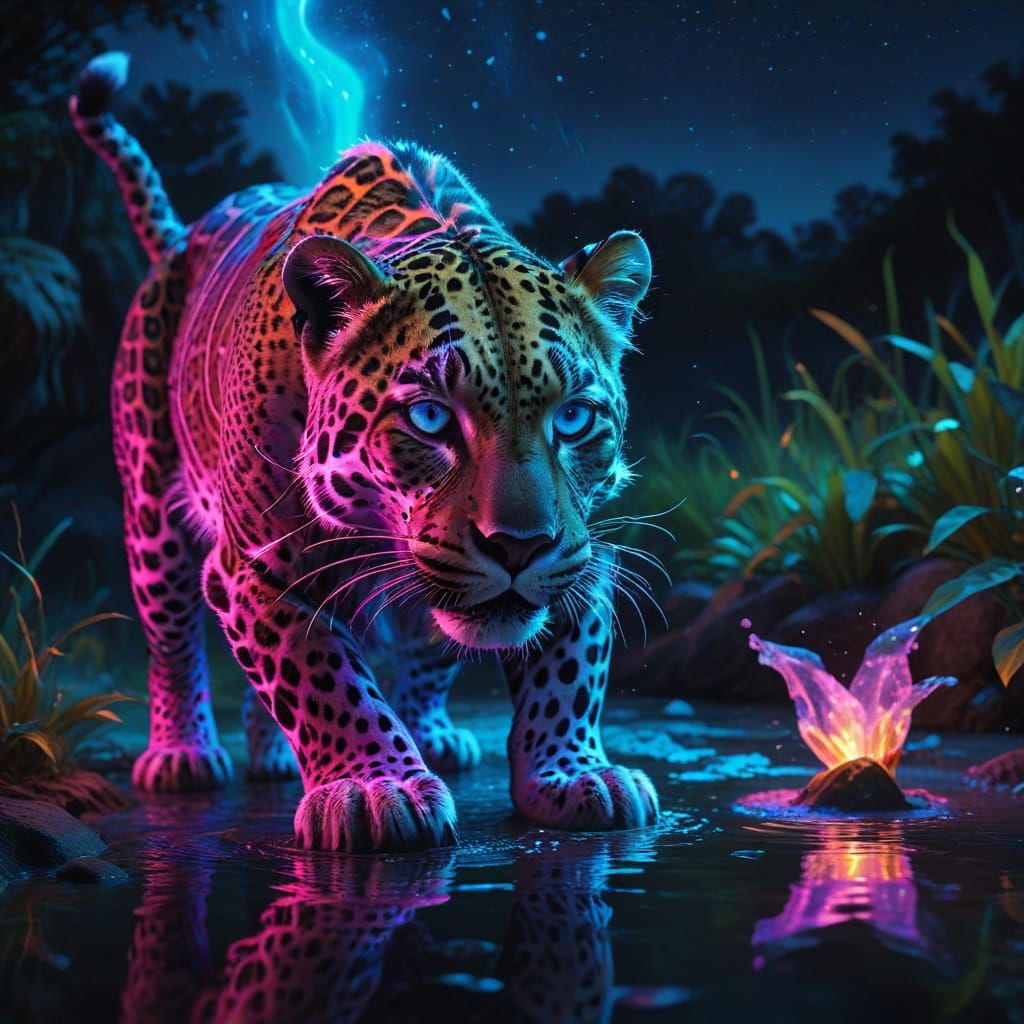 Majestic Neon Leopard at Luminous Waterhole