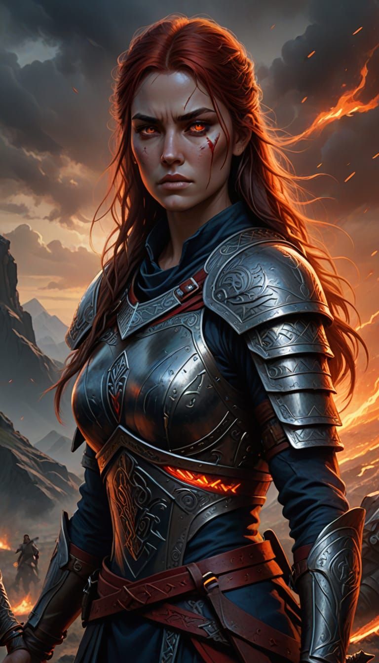 Majestic Fantasy Warrior in Triadic Colors, Glowing Highligh...