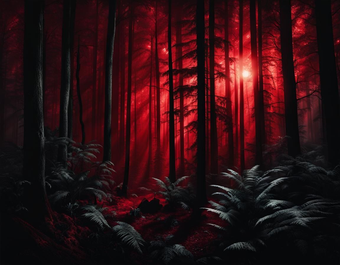 Dark Forest with Red Sky in Chiaroscuro Style