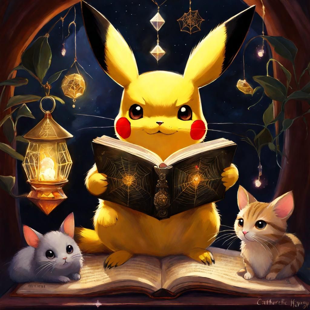 Cozy Pikachu and Friends Reading a Grimoire