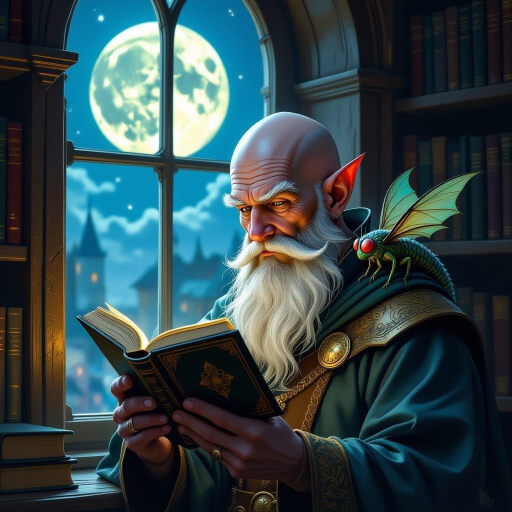 Bald Wizard Reads in Library with Fly Dragon Companion