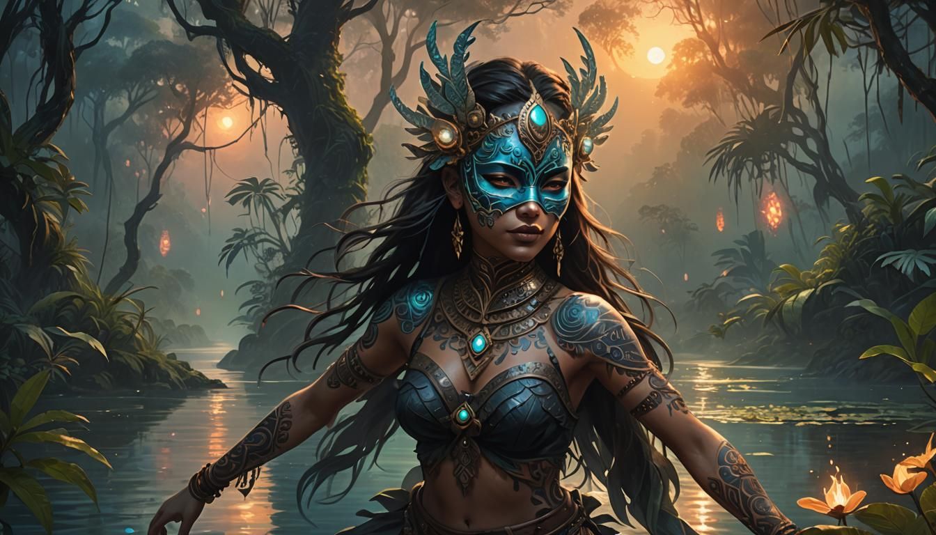 Bioluminescent Tribal Dancer in Jungle Lake
