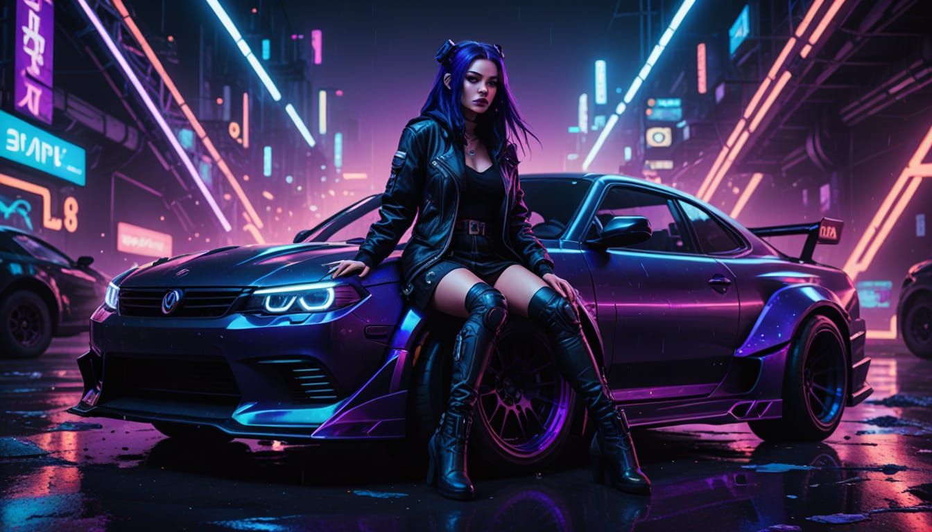 Cyberpunk Girl Sits on Drift Car in Neon-Lit Atmosphere