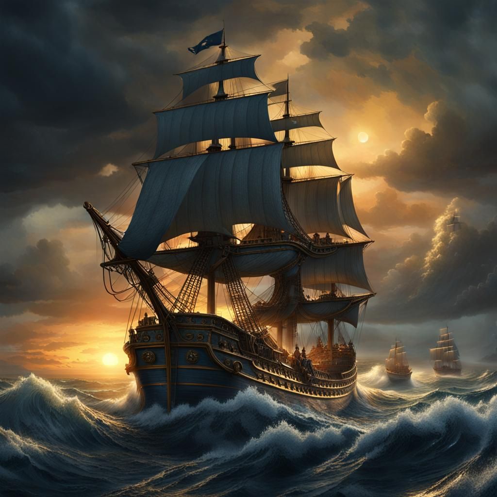18th Century Man-of-War in Stormy Seas, Fantasy Concept Art