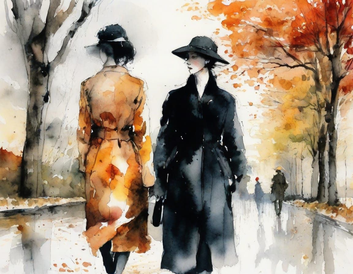 Elegant Women Walking in Autumnal Rain
