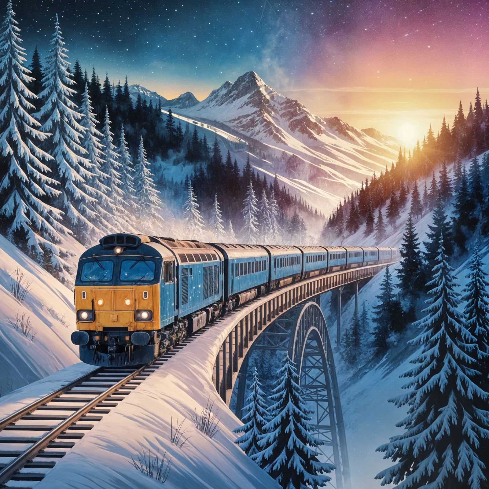 Approaching Diesel Train on Mountain Bridge at Sunrise