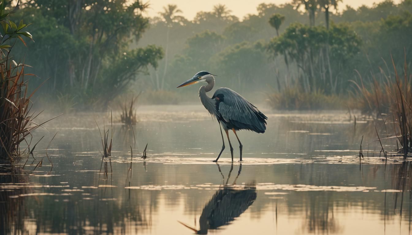 Heron Glides Through Everglades Wetlands: Prairie School Sty...