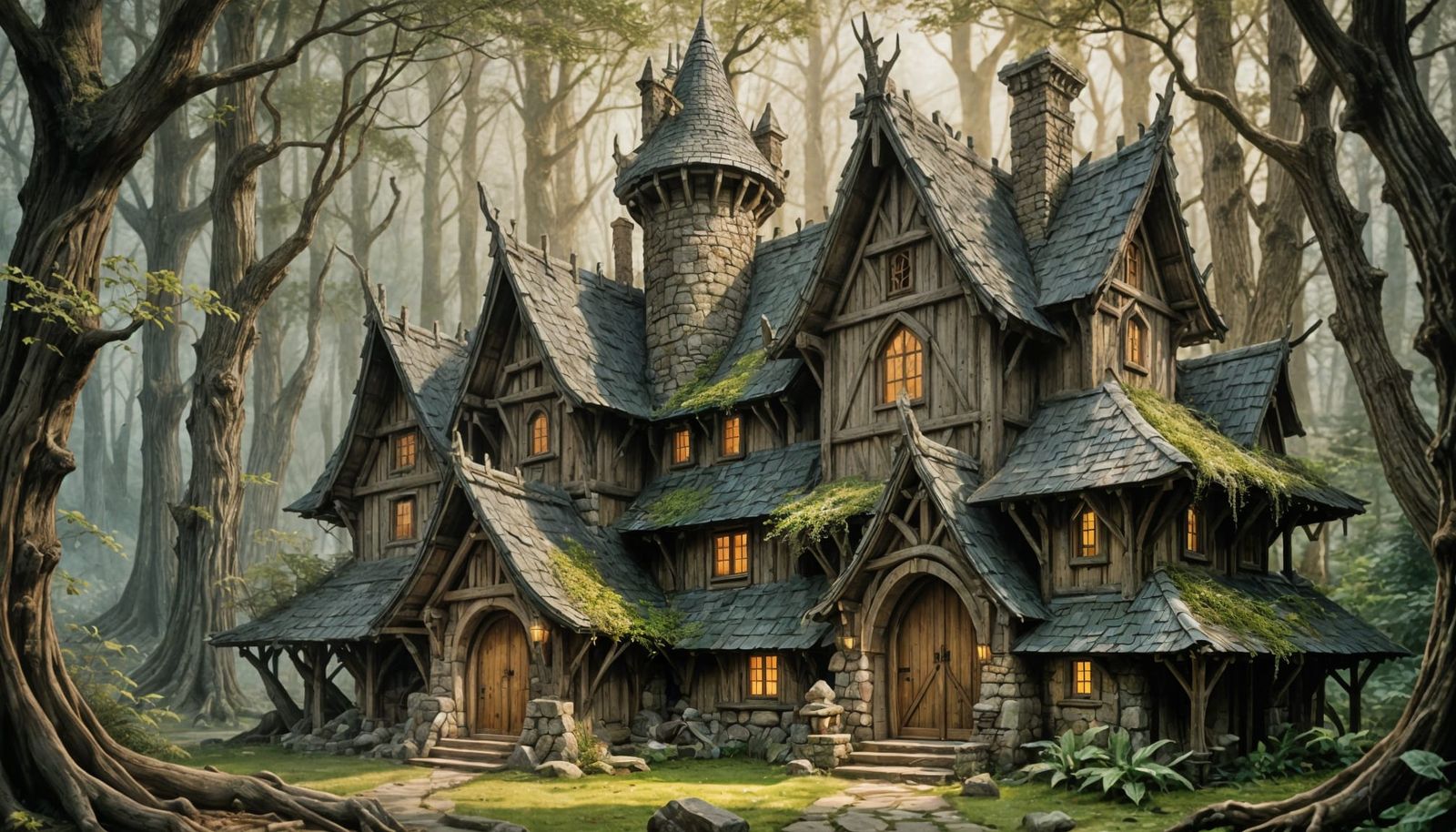 Rustic Elven Lodge Blends Seamlessly into Surrounding Pine W...