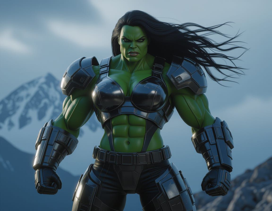 Savage She-Hulk on Mountain Peak, Ready for Battle