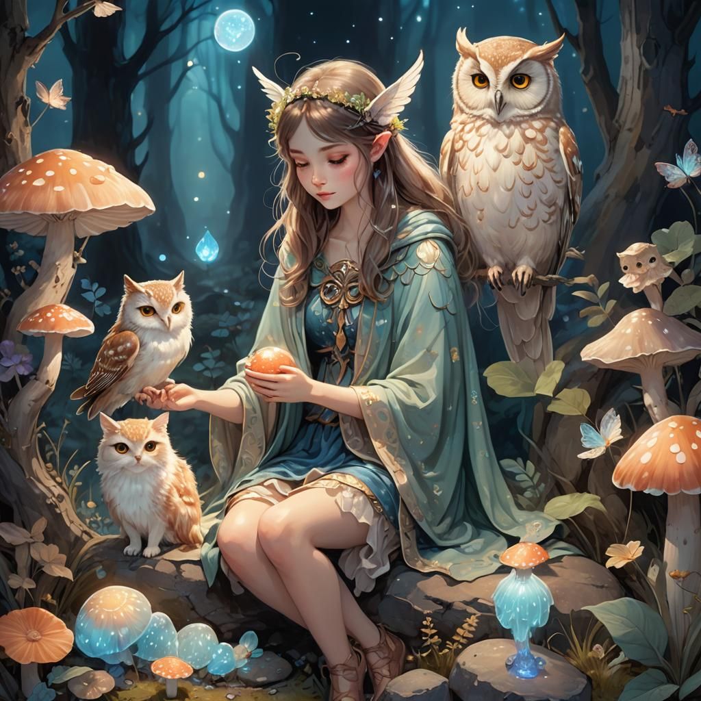 Enchanted Fairy with Owl and Cat Under Mushroom
