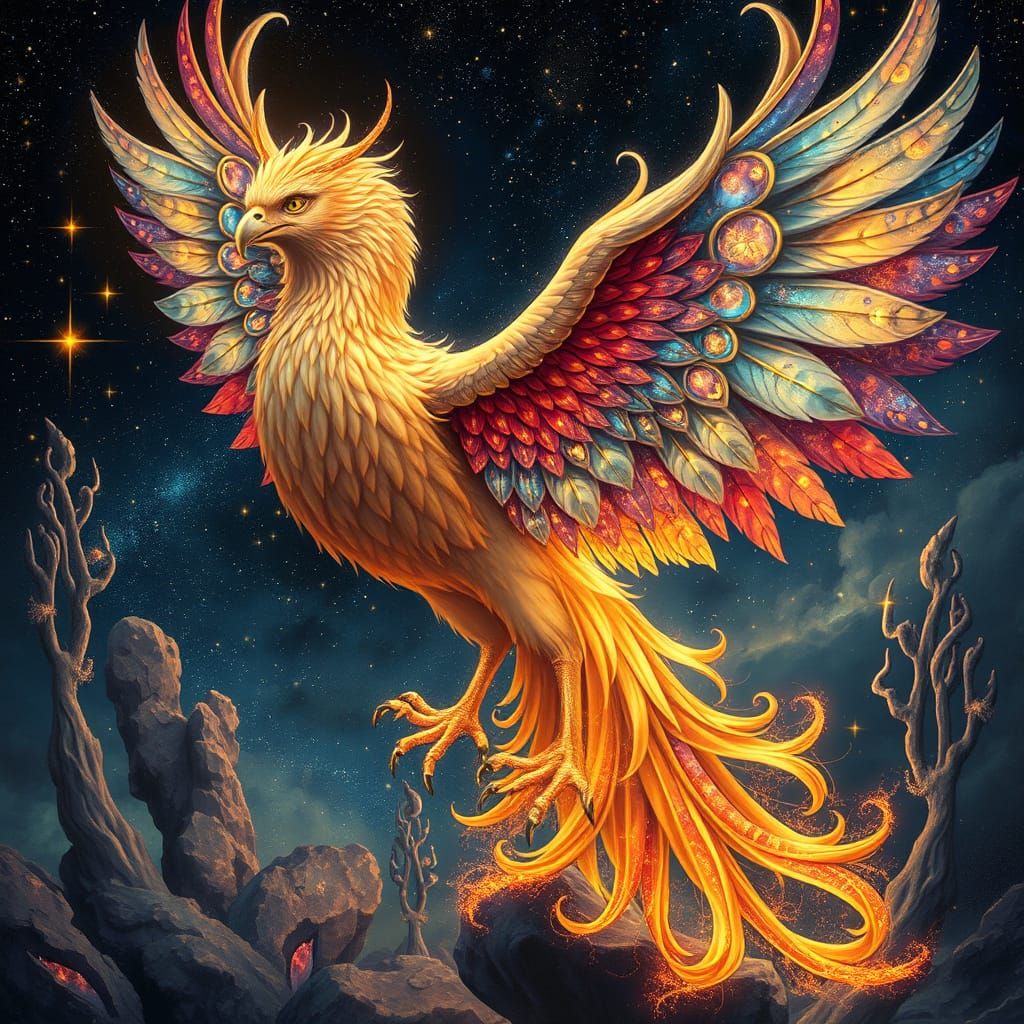 Celestial Phoenix Rising: Art Nouveau Digital Painting