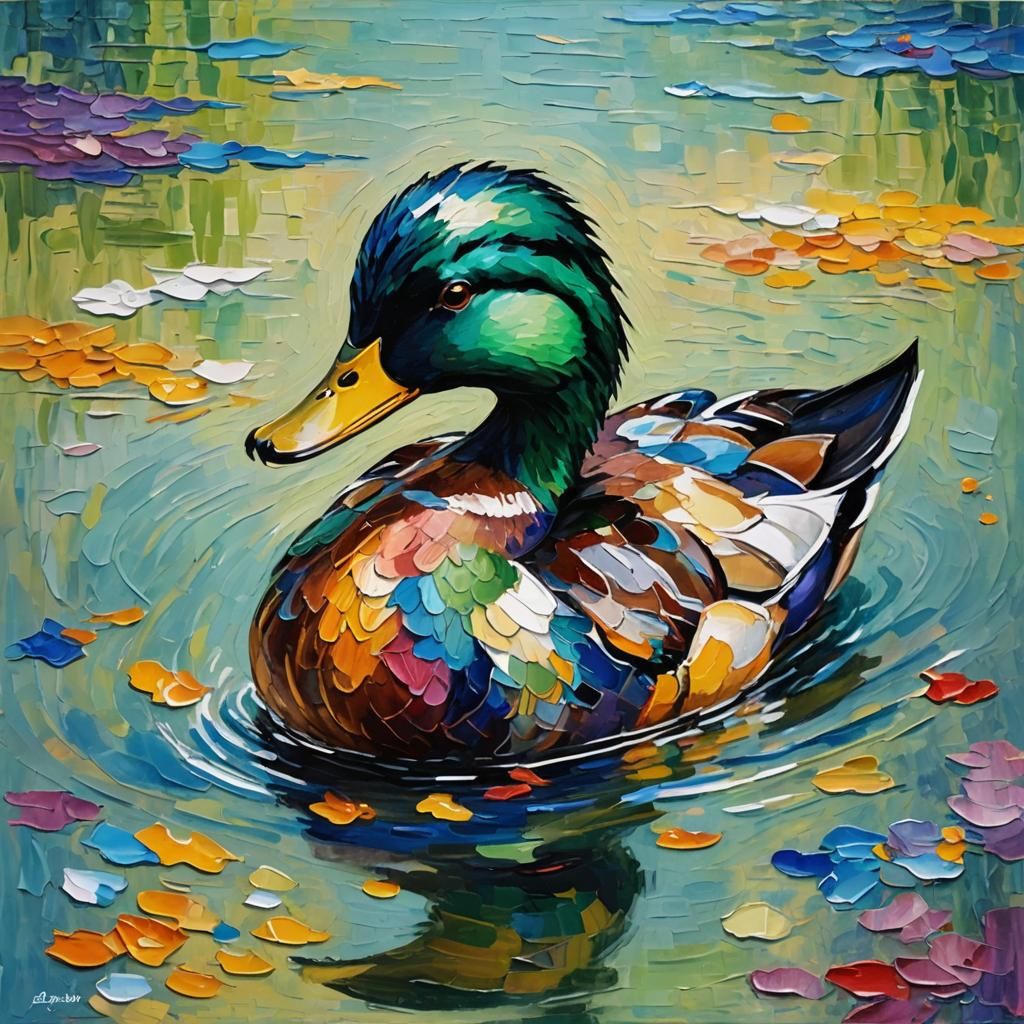 Duck in Jewelry: Neo-Impressionist Oil Painting