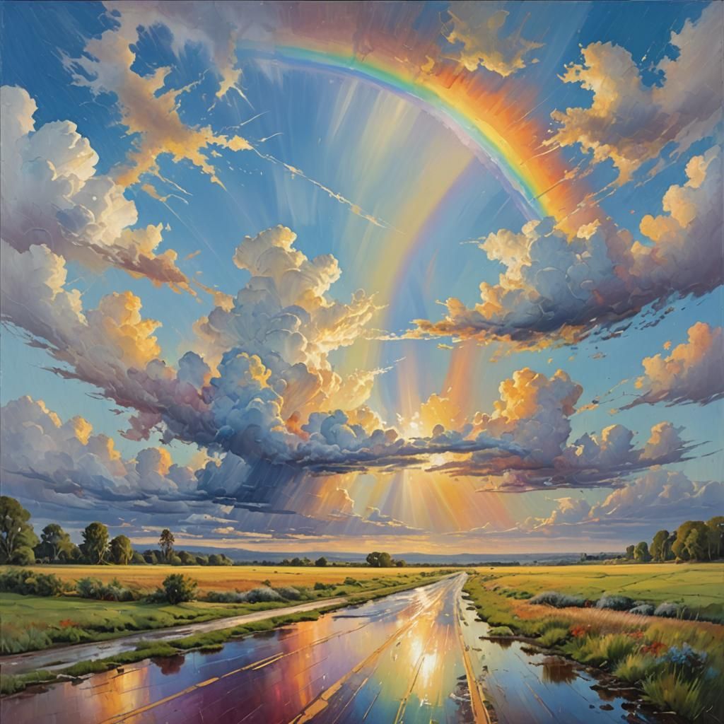 Vibrant Rainbow Landscape in Oil Painting Style
