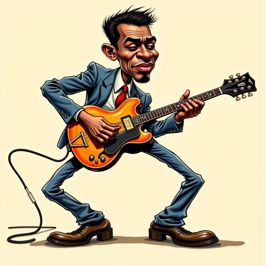 Chuck Berry Caricature Playing Guitar in Hirschfeld Style