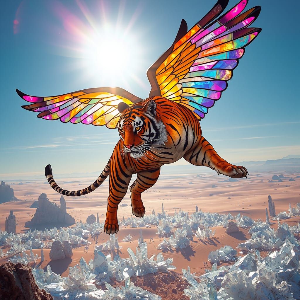 Majestic Tiger Soars Over Crystal Desert in Iridescent Stain...