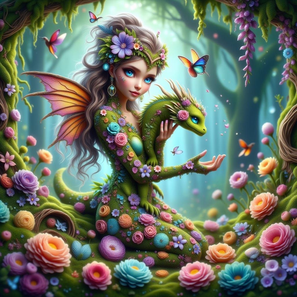 Enchanted Earth Fairy Holds Magical Dragon