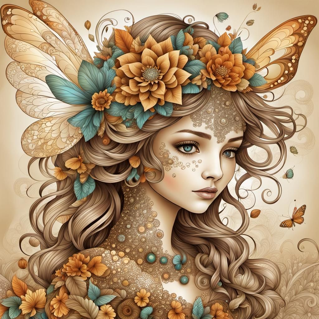 Detailed Fairy Portrait with Zentangle Elements