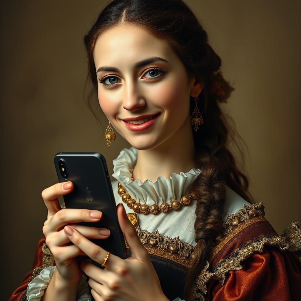 Enigmatic Renaissance Woman Holds iPhone in Da Vinci-Inspire...