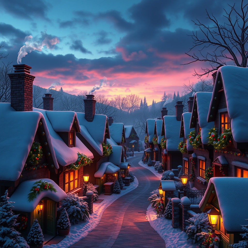 Enchanting Christmas Village at Twilight: A Fairy Tale Scene