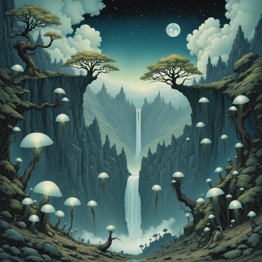 Surreal Alien Landscape with Floating Jellyfish Creatures