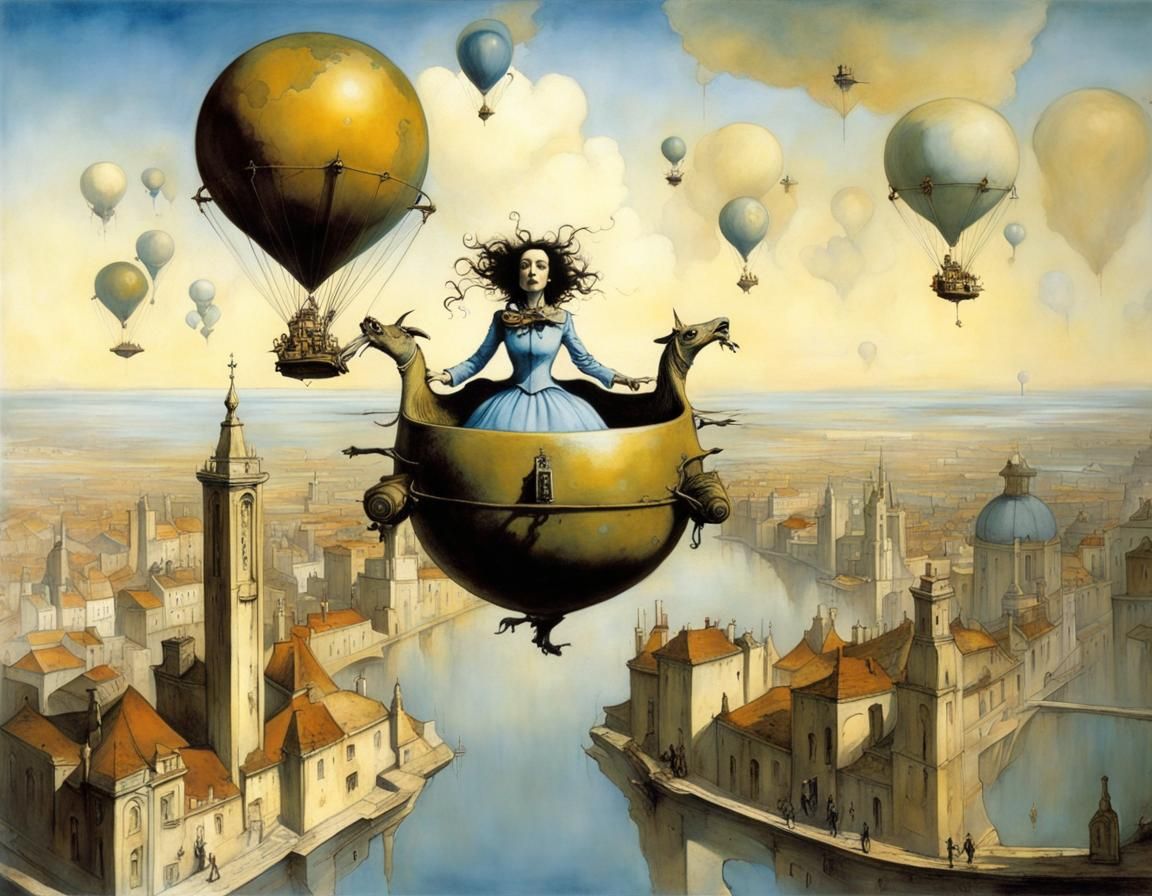 Surreal Floating Figure Above City, Dreamlike Art