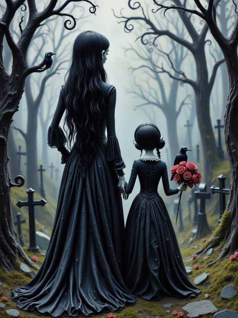 Wednesday and Morticia in Cemetery, Gothic Art Style