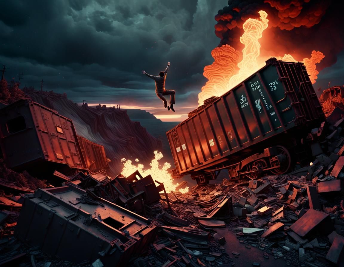 Surreal Figure Falls From Cliff in Dreamlike Landscape