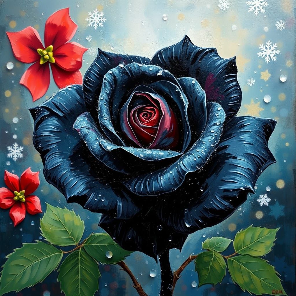 Black Rose Blooms in Winter Wonderland