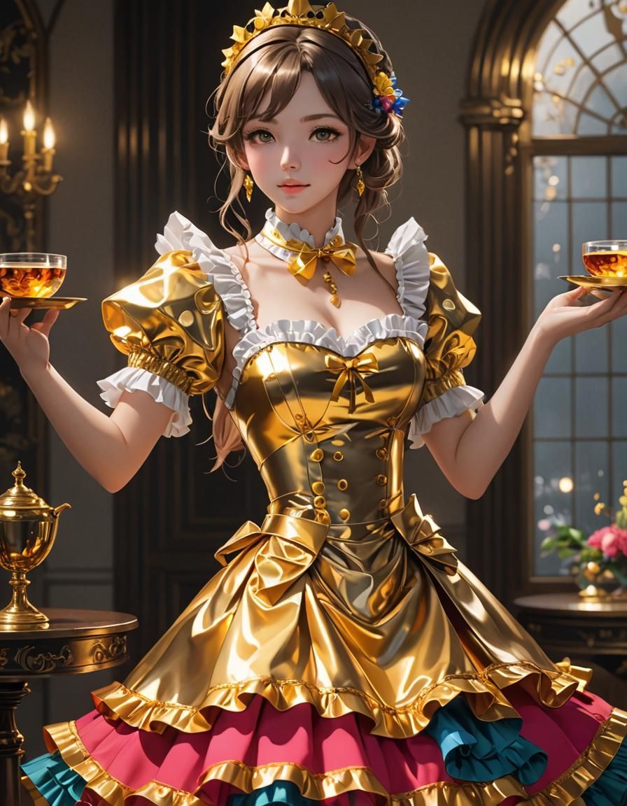 Gold Maid Dress in Anime Style, 3D Render