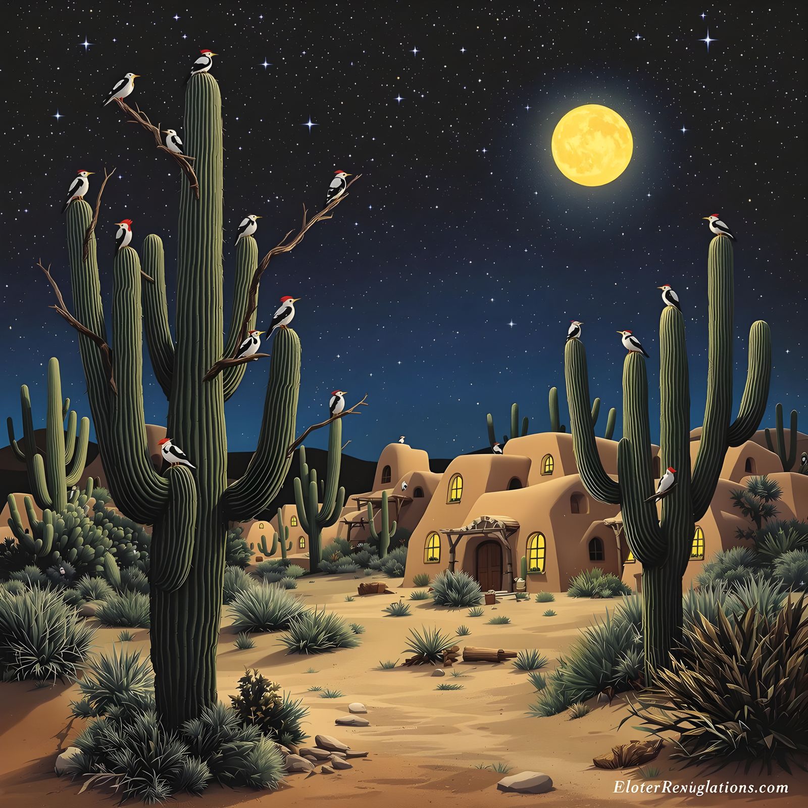 Desert Night Scene with Vibrant Woodpeckers and Adobe Huts