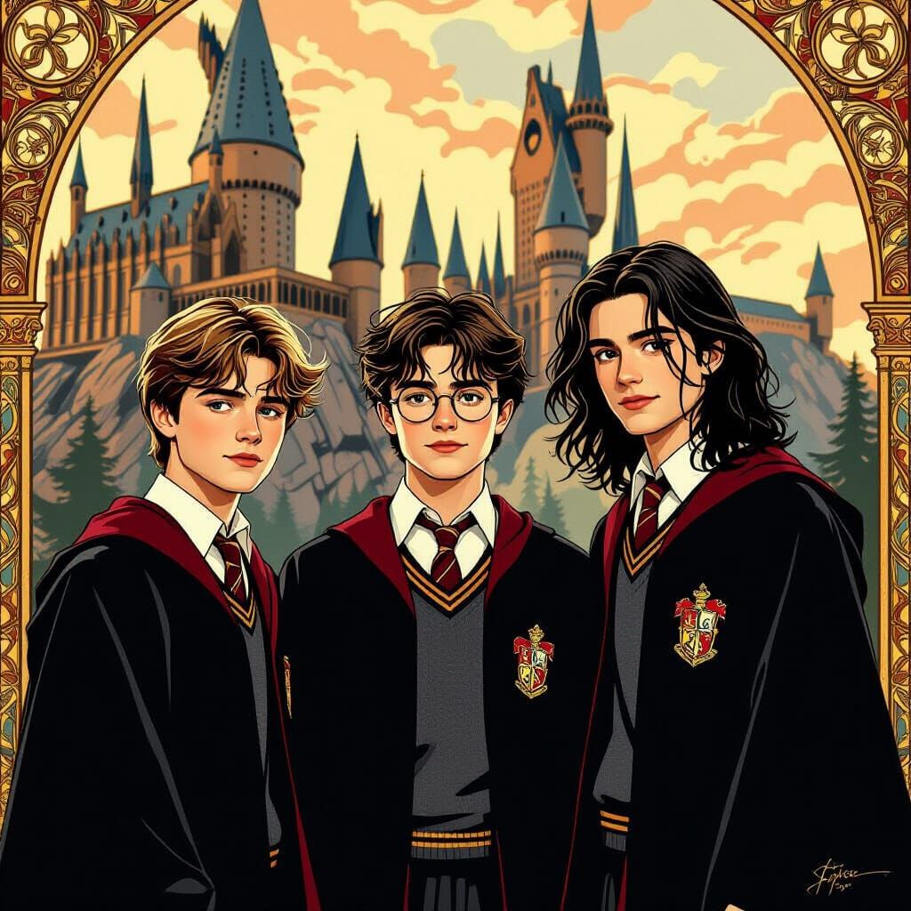 Gryffindor Trio at Hogwarts in Art Nouveau Style