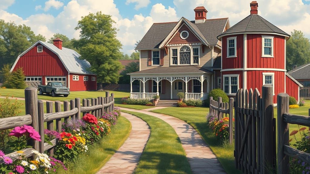 A serene lane enters the yard through a rustic wooden gate, ...