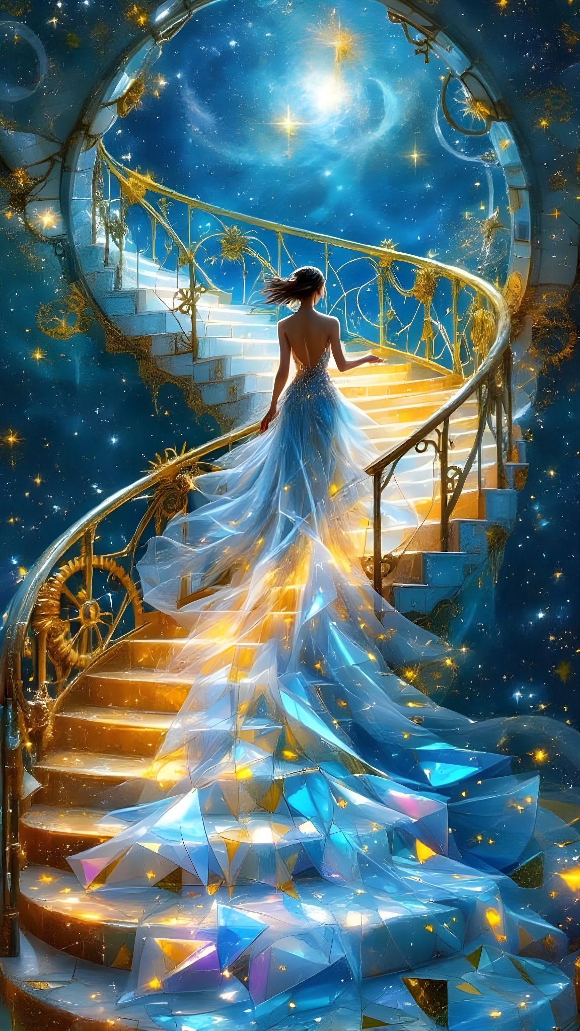 Surreal Stained Glass Goddess Ascends Cosmic Bismuth Stairca...