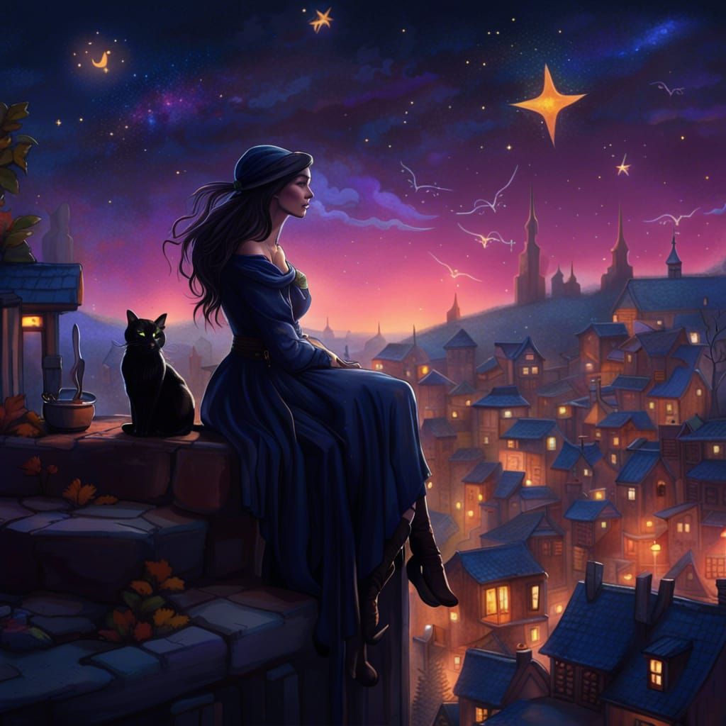 Enchanting Witch Overlooks Sleeping Town Under Crescent Moon