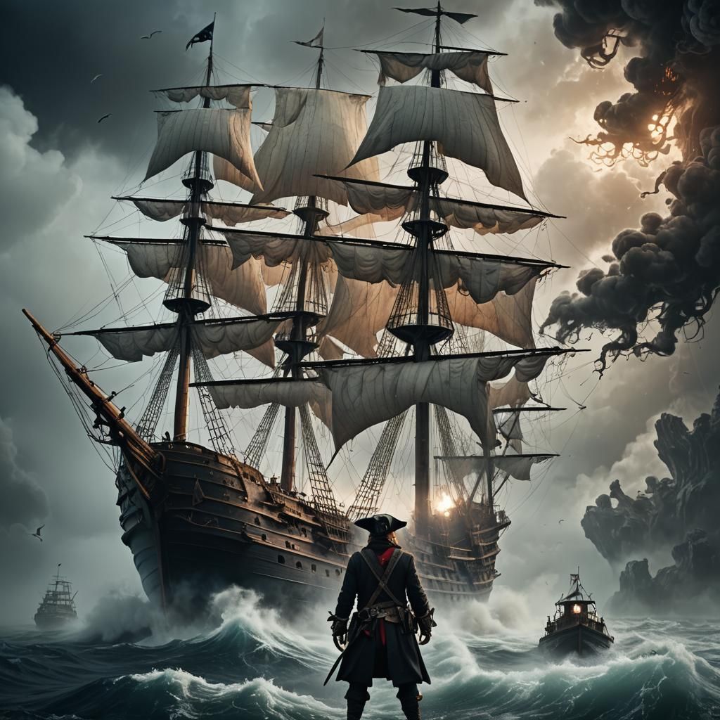 Pirate Ship Emerges from Fog in Surreal Landscape