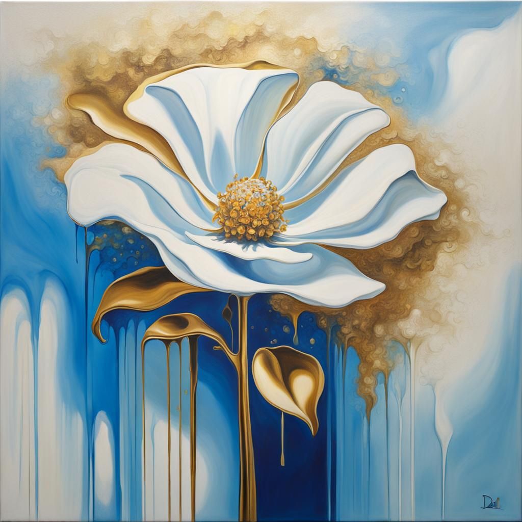 Surreal White Flower with Blue and Gold Highlights