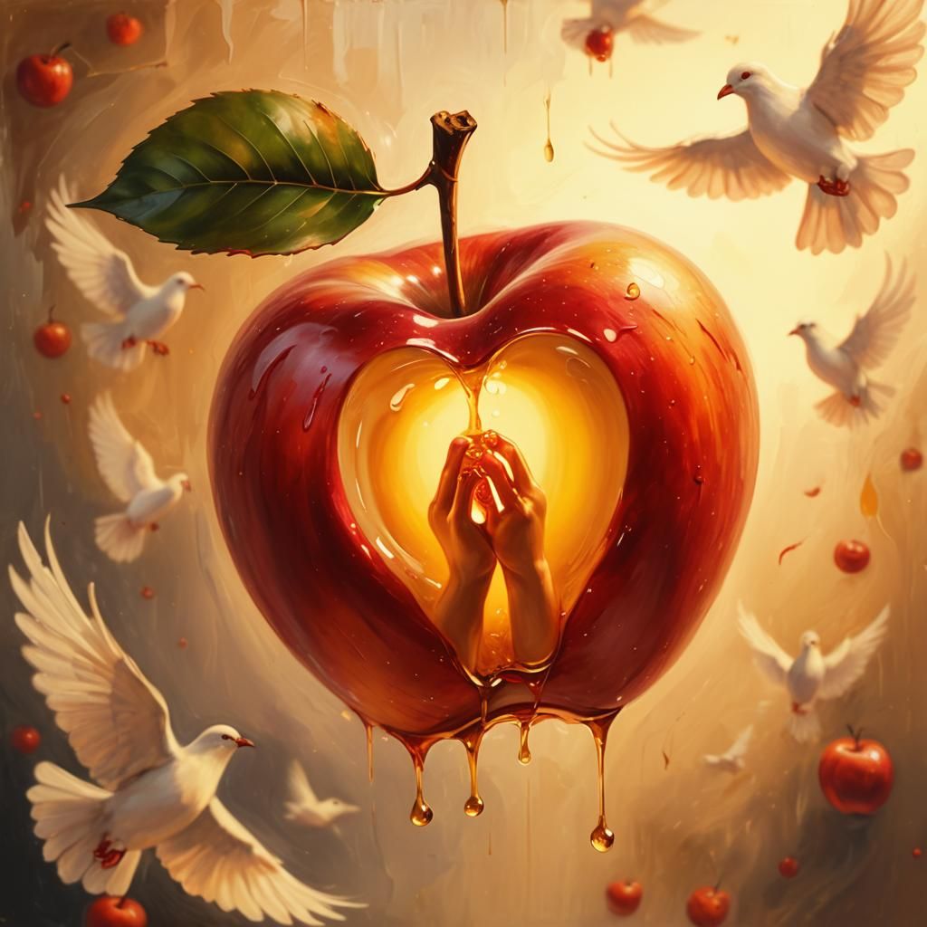 Surreal Apple with Hands and Pigeons in Oil Paint