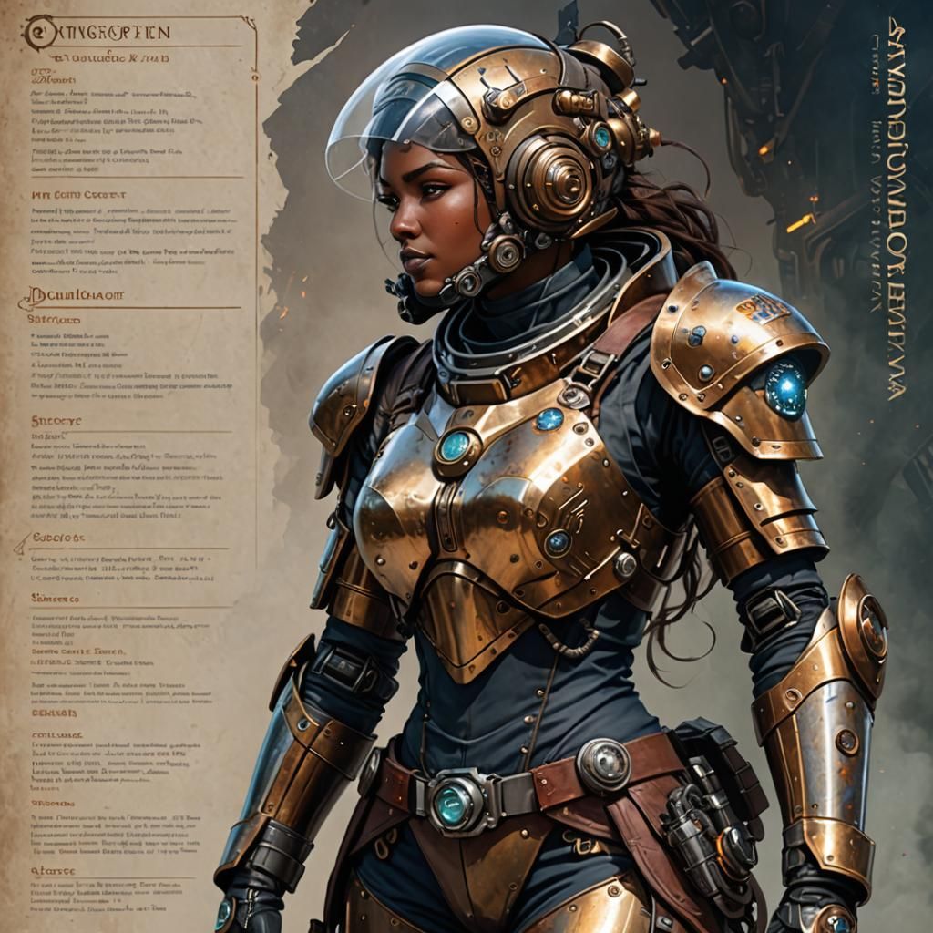 Steampunk Woman Warrior in Detailed Character Sheet