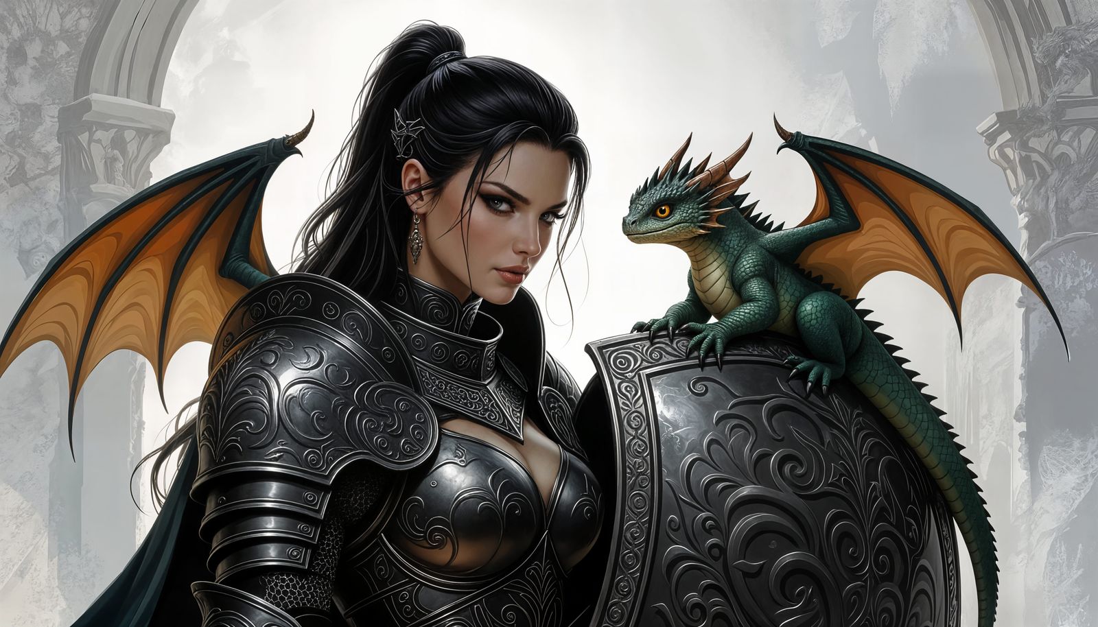 Gothic Knight with Cute Baby Dragon