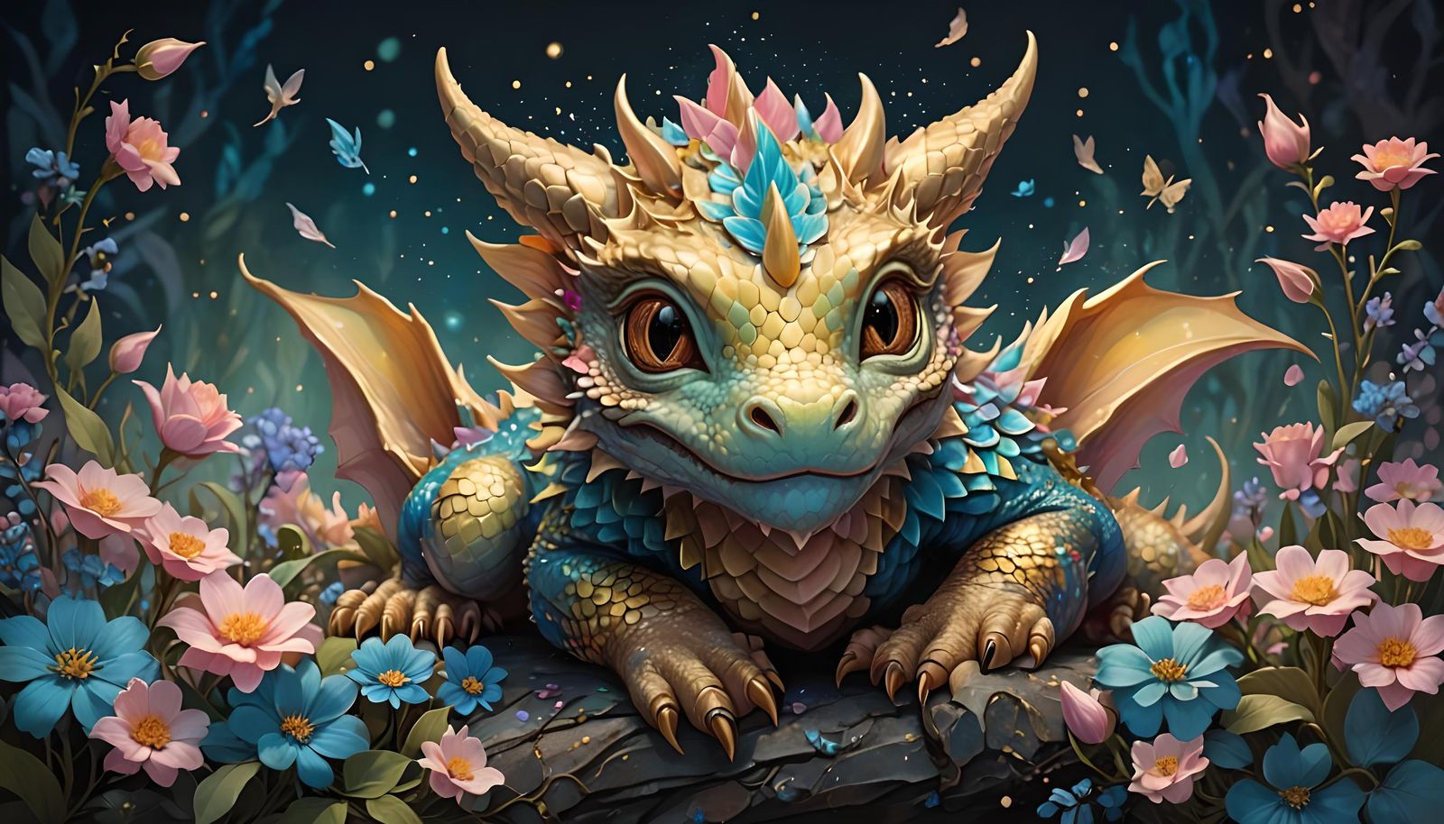 Enchanting Baby Dragon in Fantasy Flower Garden