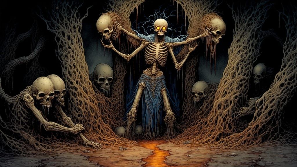 Skeleton Sorcerer in Dark Crypt with Creepy Creatures