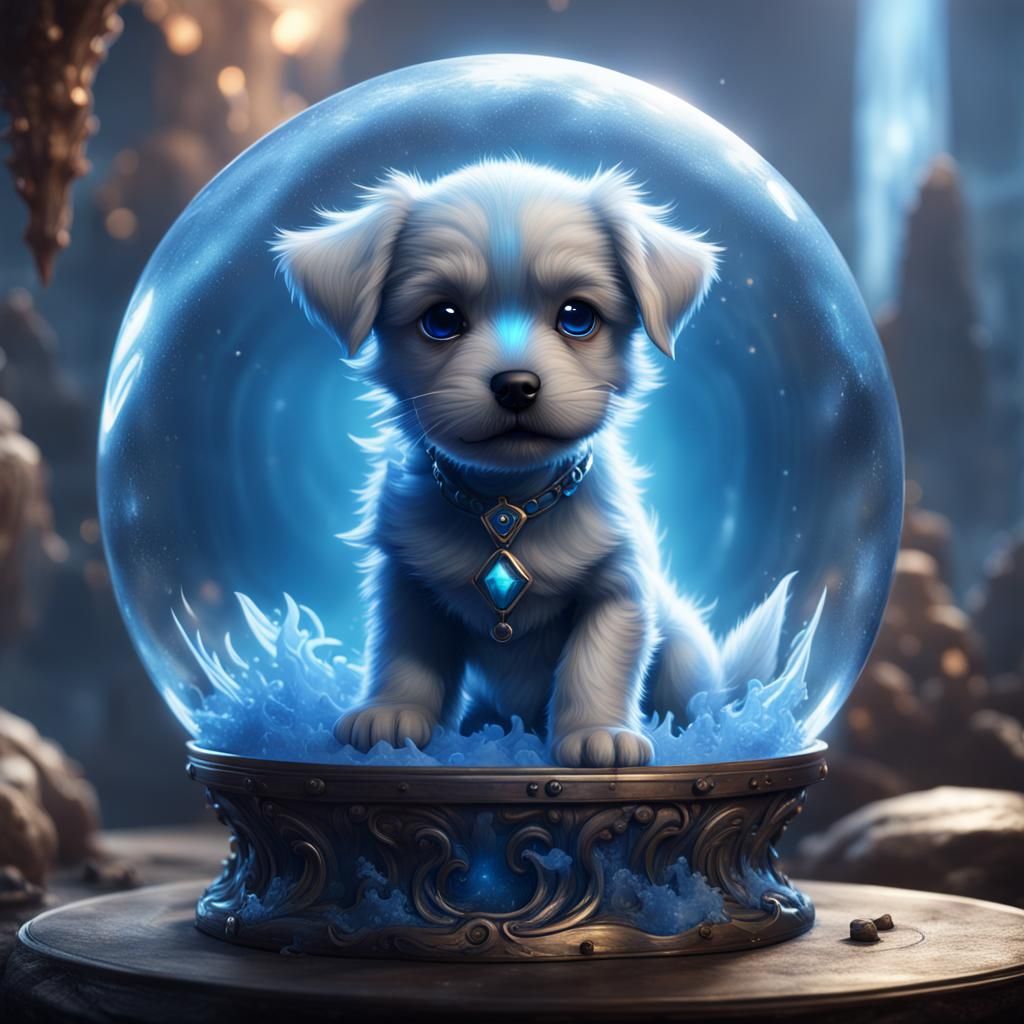 Blue Mist Puppy in Crystal Sphere: Fantasy Art